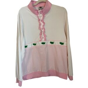 Little Bear Womens Size L Pink White Embroidered Augusta National Top Preppy